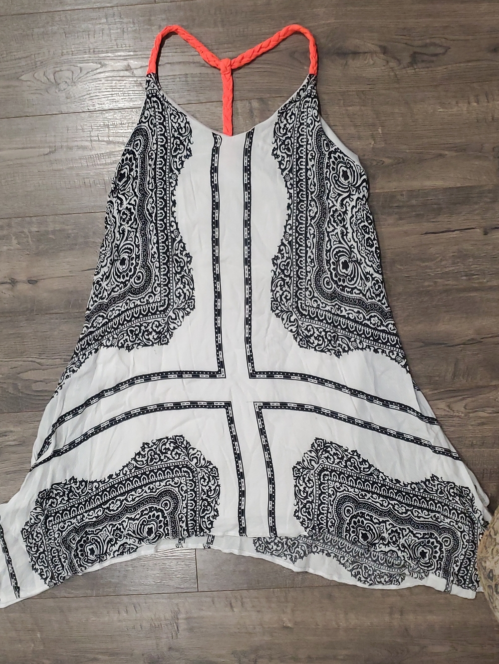 Black & White Paisley Camisole with Coral Braided Strap
